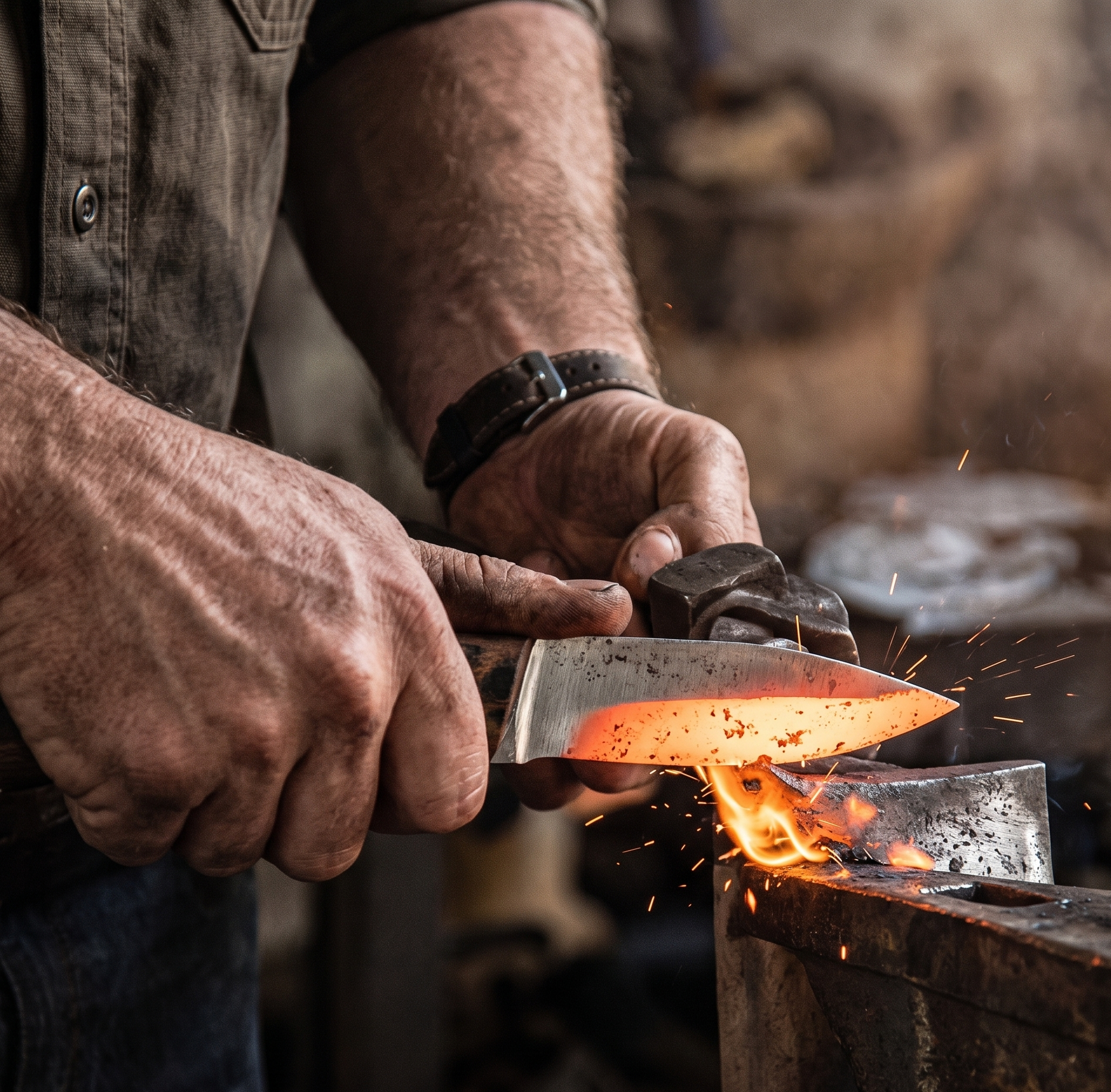 Blacksmith forging hot knife blade